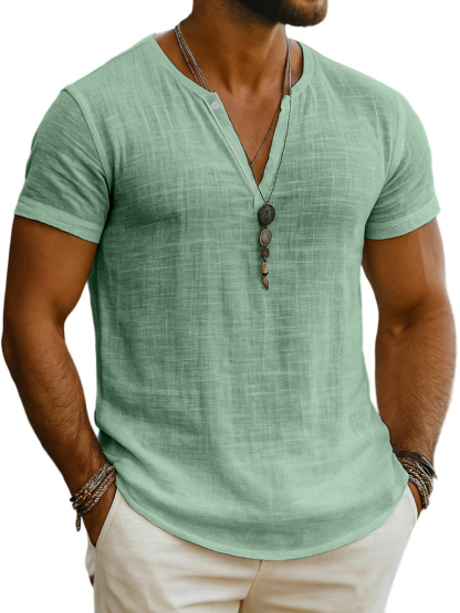 Men's Everyday Solid Color Loose Breathable Short-sleeved Henley Shirt