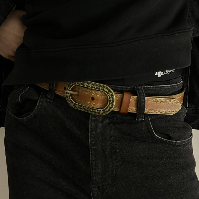 Men's Vintage Distressed Engraved Embossed Genuine Leather Belt