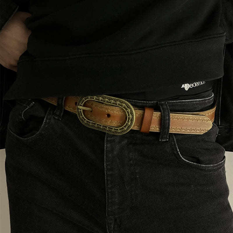 Men's Vintage Distressed Engraved Embossed Genuine Leather Belt