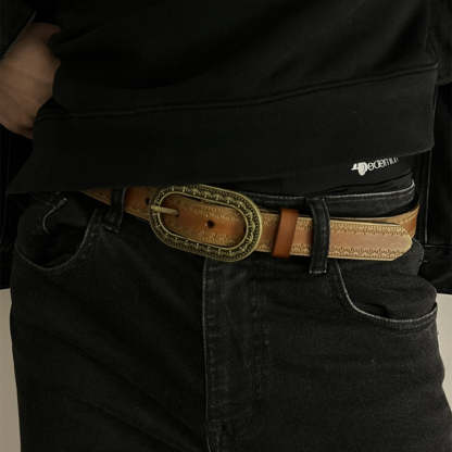 Men's Vintage Distressed Engraved Embossed Genuine Leather Belt