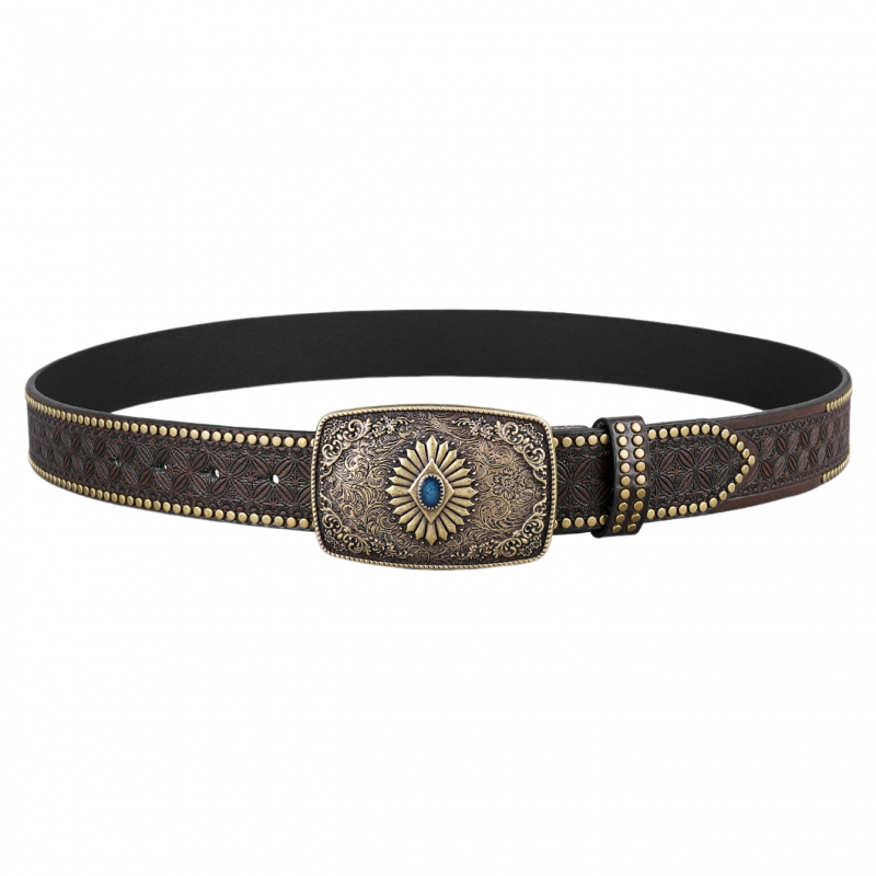 Men's Vintage Embossed Rivet Western Cowboy Leather Belt 