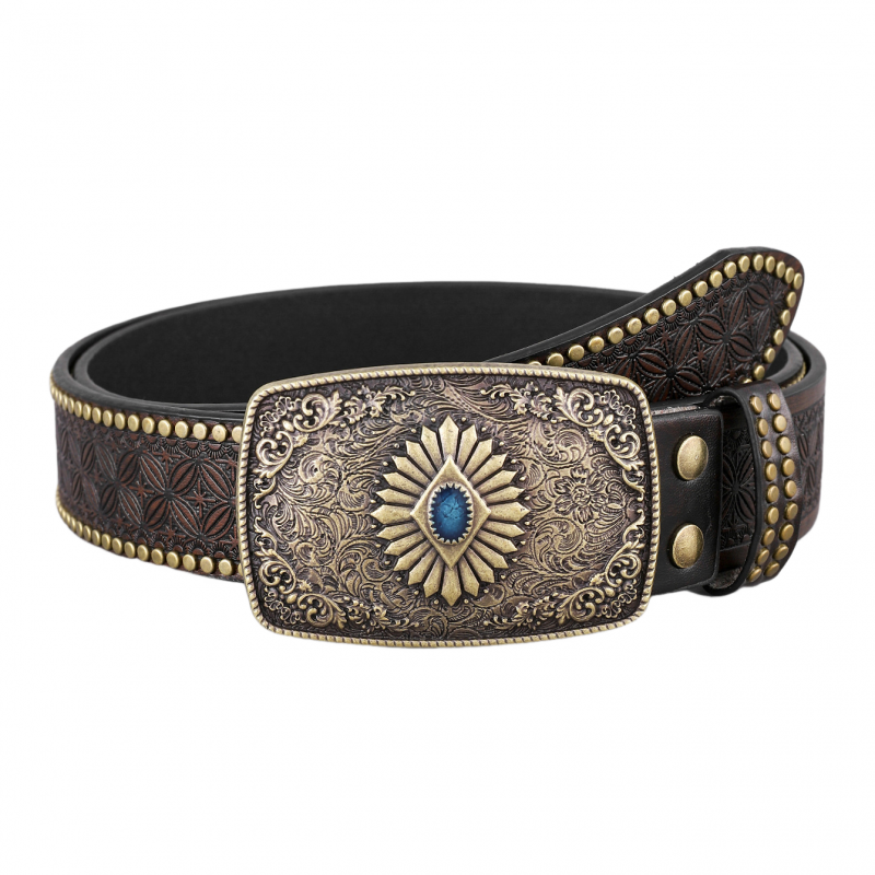 Men's Vintage Embossed Rivet Western Cowboy Leather Belt 