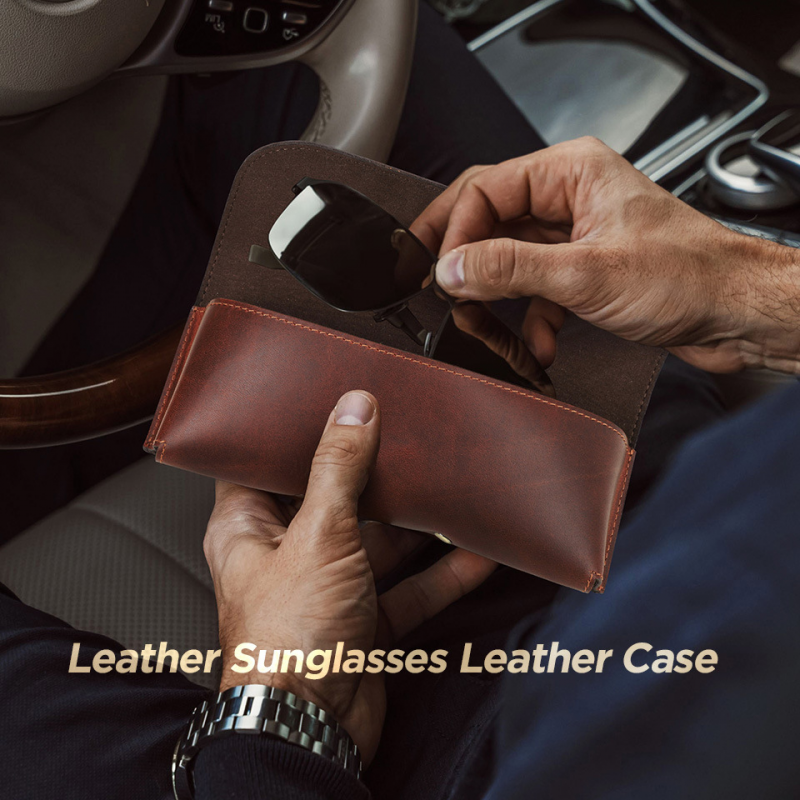 Men's Portable Travel Commuting Top Layer Cowhide Glasses Storage Bag 