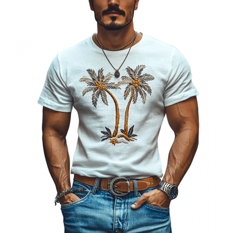 Men's Casual Coconut Tree Embroidery Cotton Round Neck Slim Short Sleeve T-Shirt 