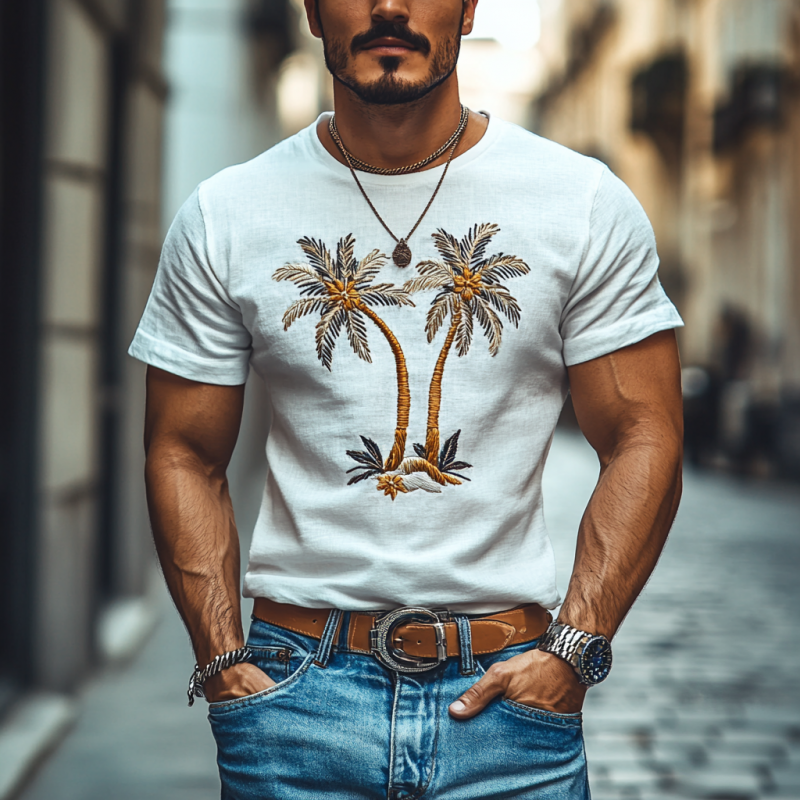 Men's Casual Coconut Tree Embroidery Cotton Round Neck Slim Short Sleeve T-Shirt 