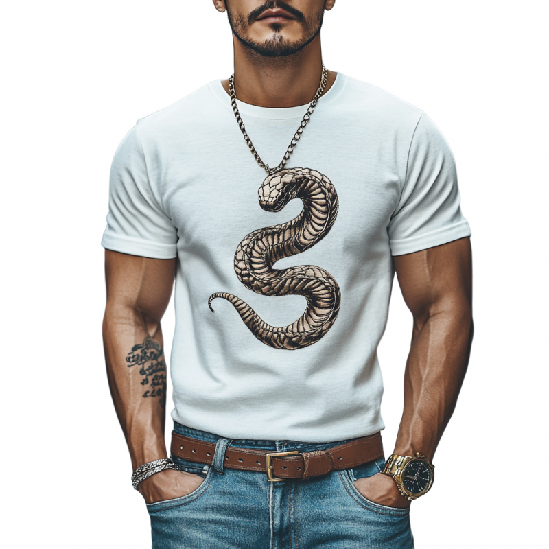 Men's Casual Snake Embroidery Cotton Round Neck Slim Fit Short Sleeve T-Shirt 
