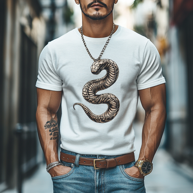 Men's Casual Snake Embroidery Cotton Round Neck Slim Fit Short Sleeve T-Shirt 