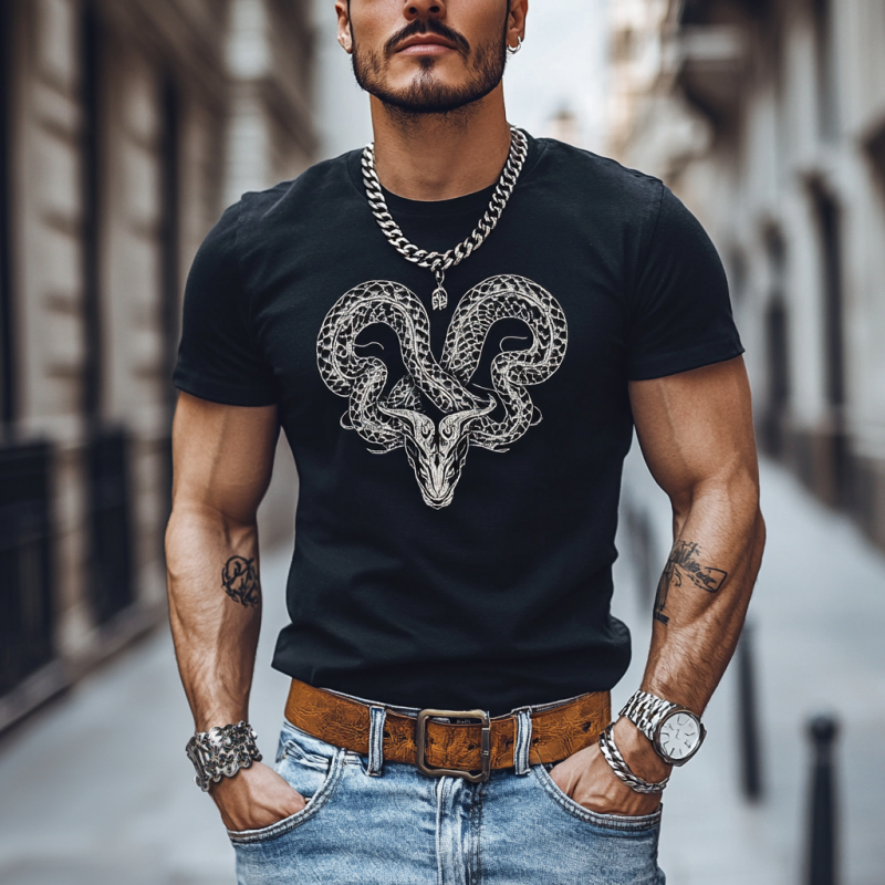 Men's Casual Snake Embroidery Cotton Round Neck Slim Fit Short Sleeve T-shirt 