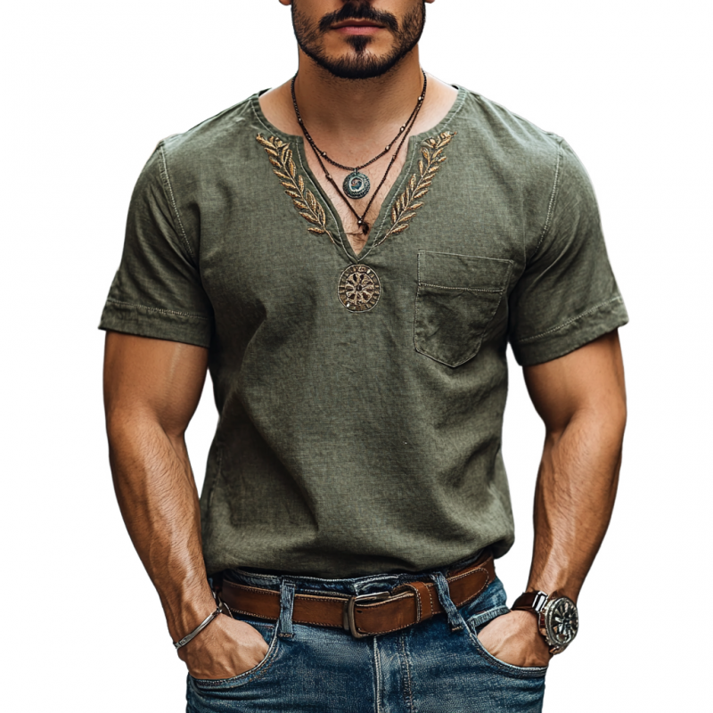 Men's Casual Cotton Linen V-neck Embroidered Patch Pocket Short-sleeved T-shirt 