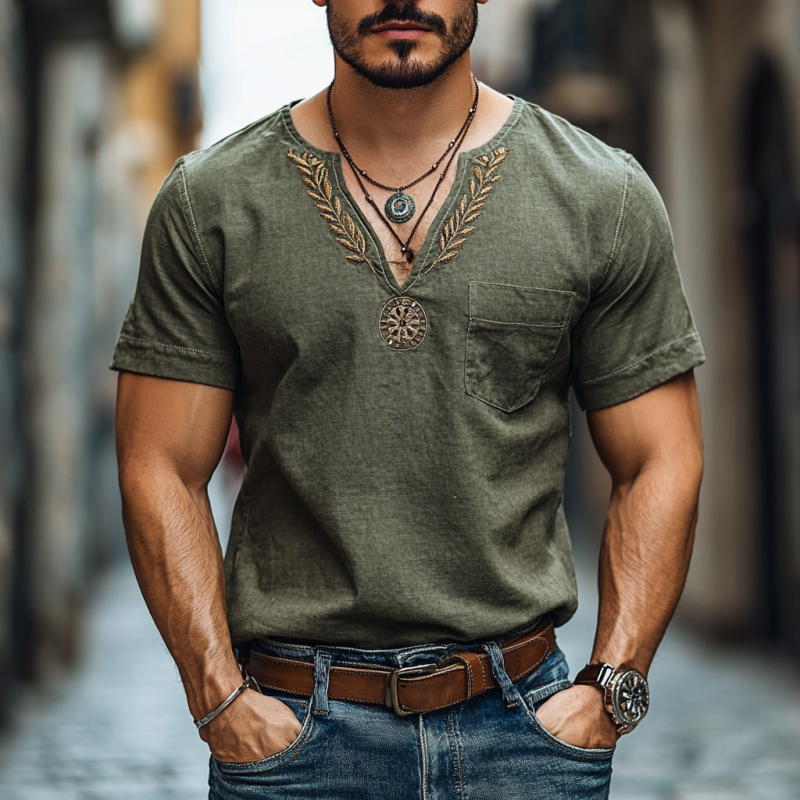 Men's Casual Cotton Linen V-neck Embroidered Patch Pocket Short-sleeved T-shirt 
