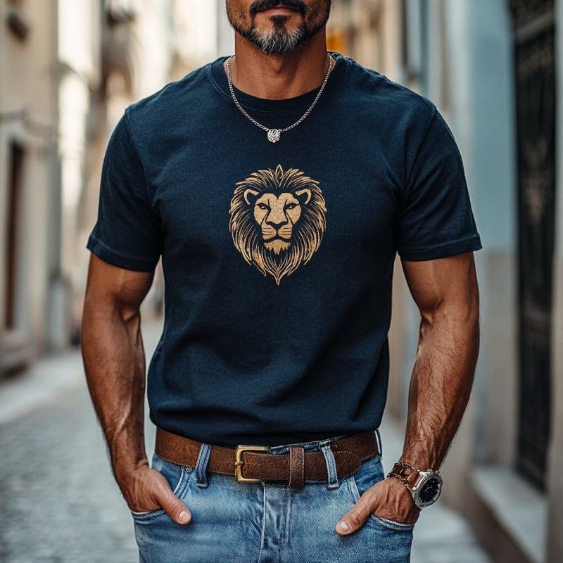 Men's Casual Cotton Lion Embroidery Round Neck Slim Fit Short Sleeve T-Shirt 