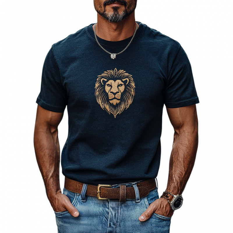 Men's Casual Cotton Lion Embroidery Round Neck Slim Fit Short Sleeve T-Shirt 