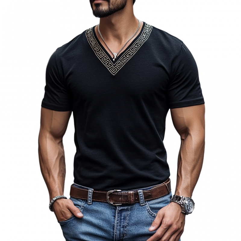 Men's Casual Cotton V-Neck Embroidered Slim Fit Short Sleeve T-Shirt 