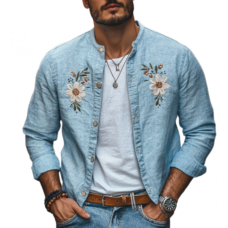 Men's Casual Linen Floral Embroidery Stand Collar Slim Fit Long Sleeve Shirt 