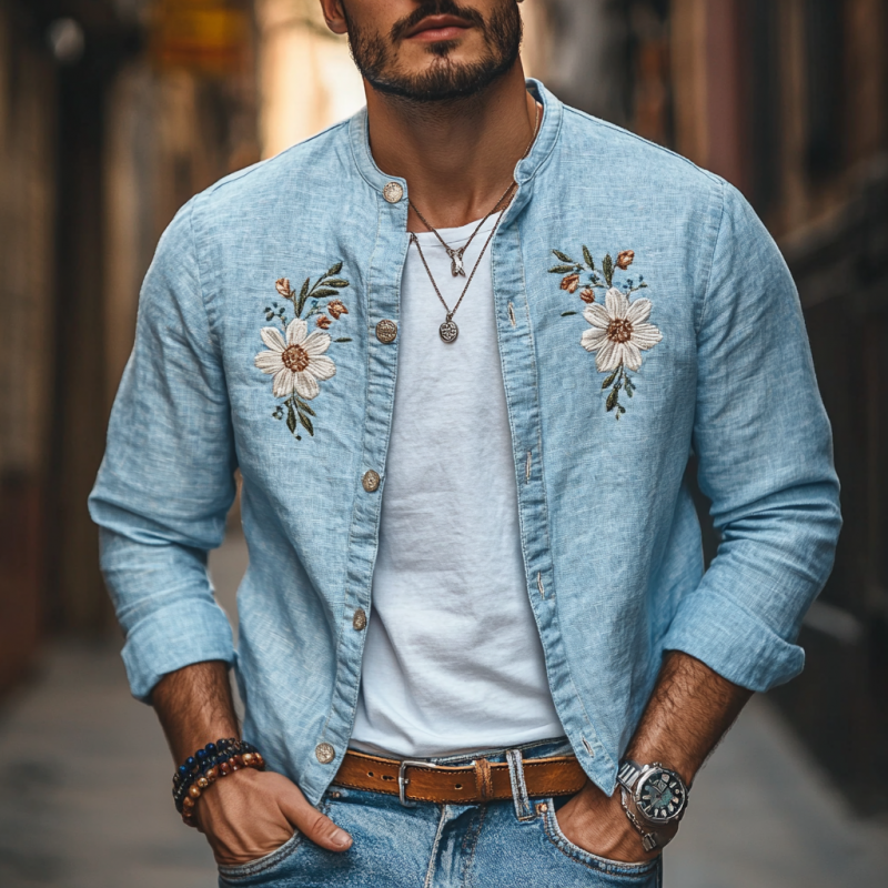 Men's Casual Linen Floral Embroidery Stand Collar Slim Fit Long Sleeve Shirt 