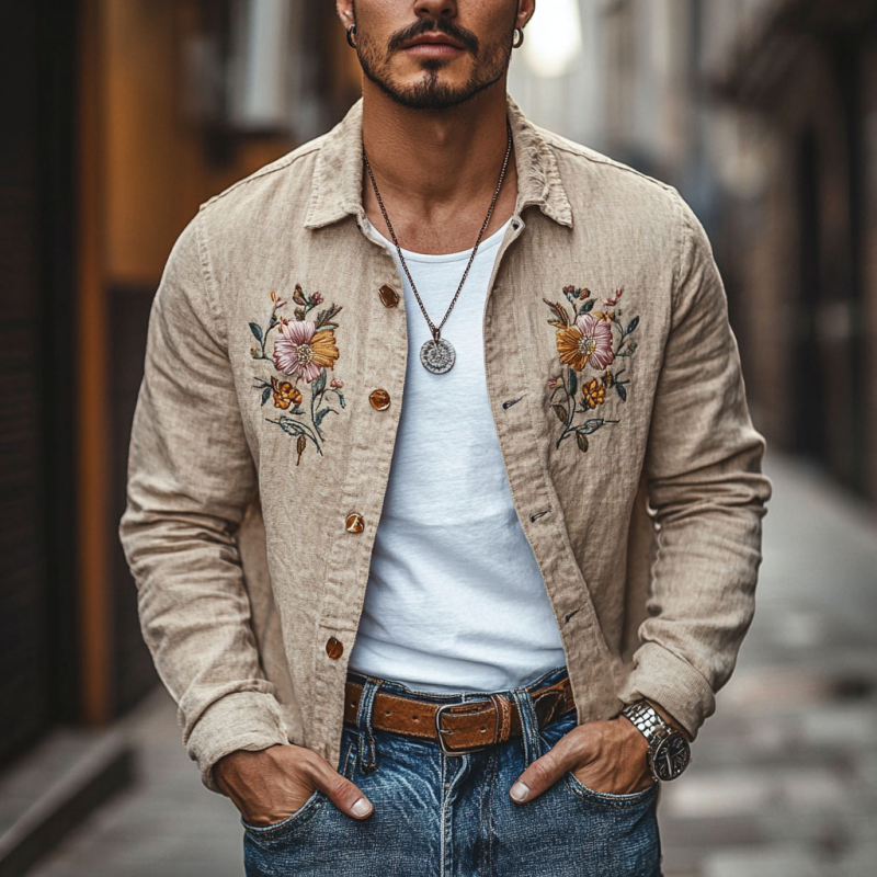 Men's Casual Linen Floral Embroidery Lapel Loose Long Sleeve Shirt 