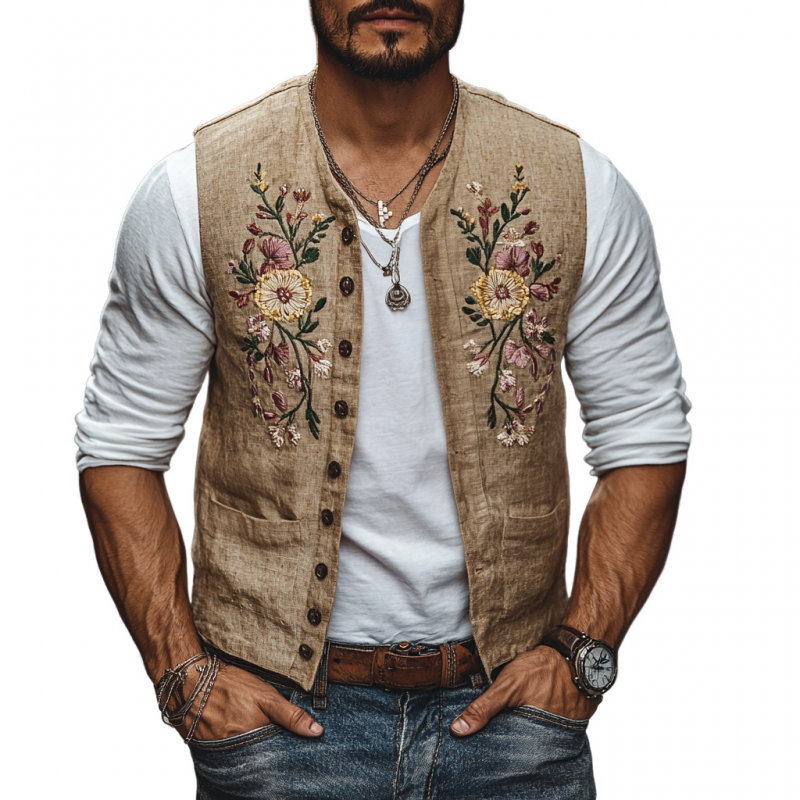 Men's Casual Linen Floral Embroidery Single Breasted Slim Fit Suit Vest 