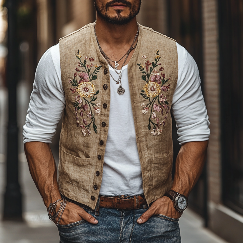 Men's Casual Linen Floral Embroidery Single Breasted Slim Fit Suit Vest 