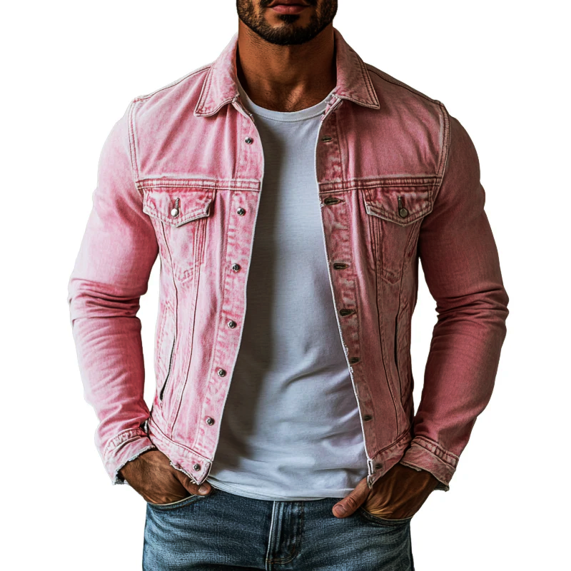 Men's Vintage Washed Lapel Multi Pocket Denim Jacket 