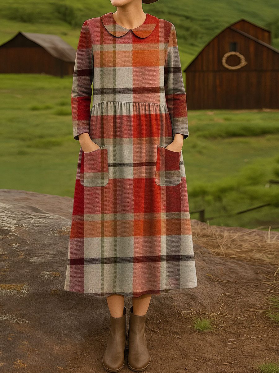 Women's Vintage Plaid Art Print Cotton Lapel Button-Down Shirt Dress