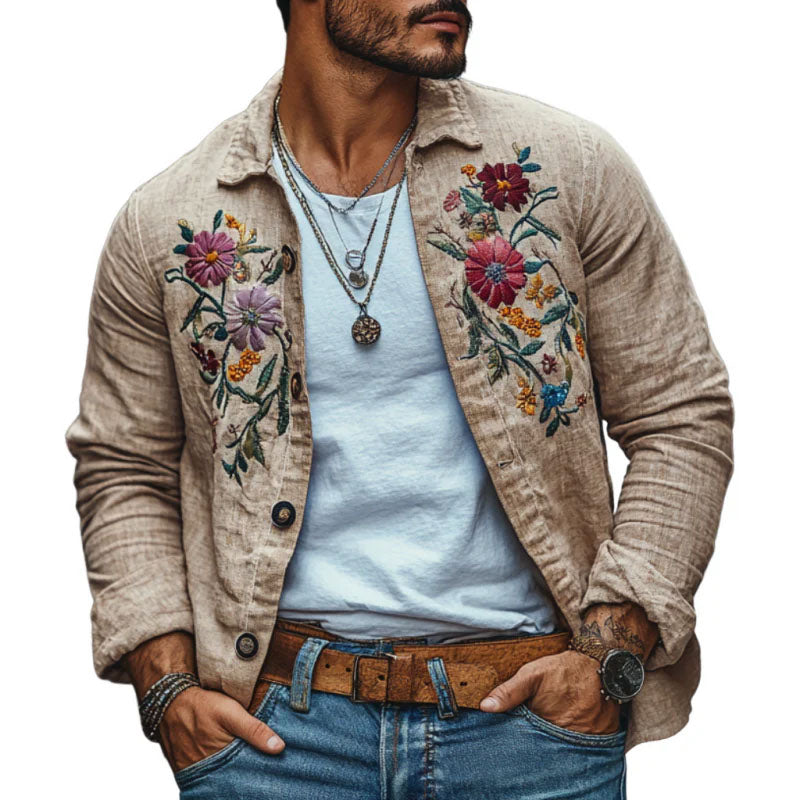 Men's Casual Linen Embroidered Lapel Loose Long Sleeve Shirt 