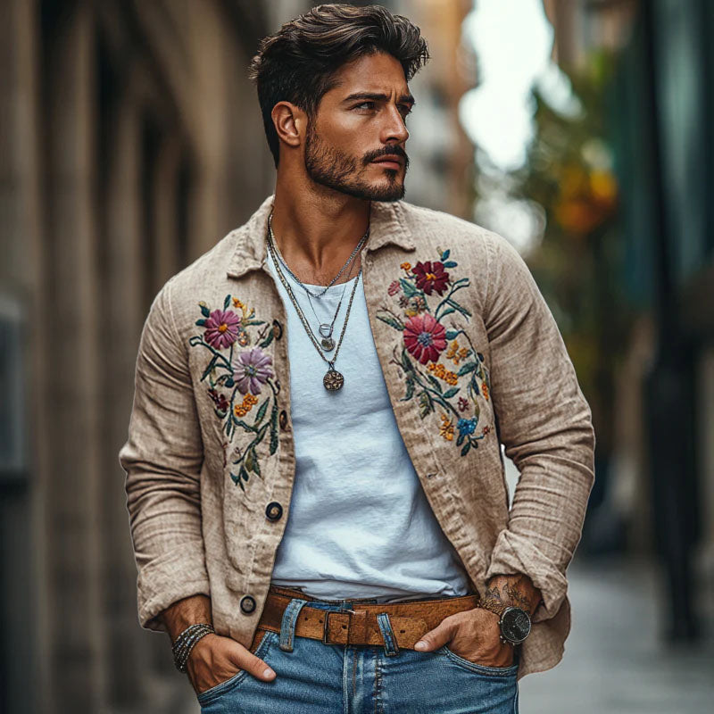Men's Casual Linen Embroidered Lapel Loose Long Sleeve Shirt 