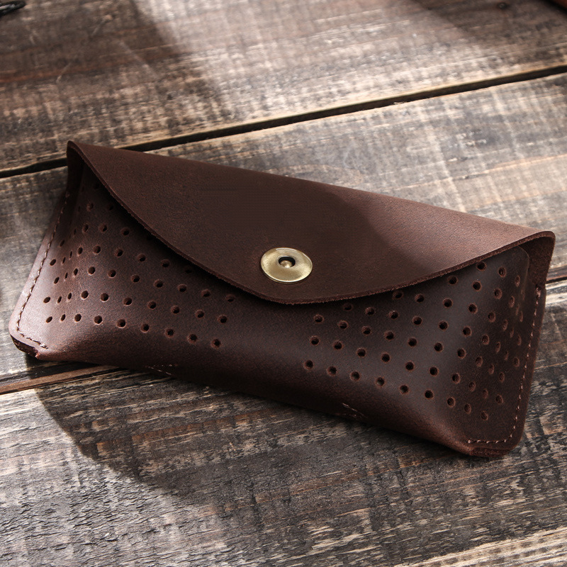 Men's Portable Top Layer Cowhide Hollow Glasses Storage Bag 