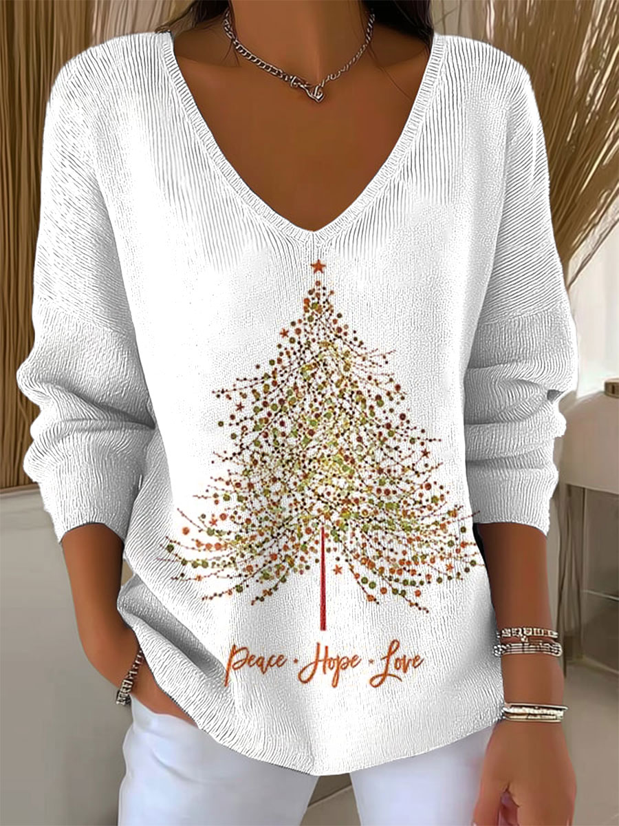 Women's Vintage Christmas Tree Art Print Casual Pullover Sweater