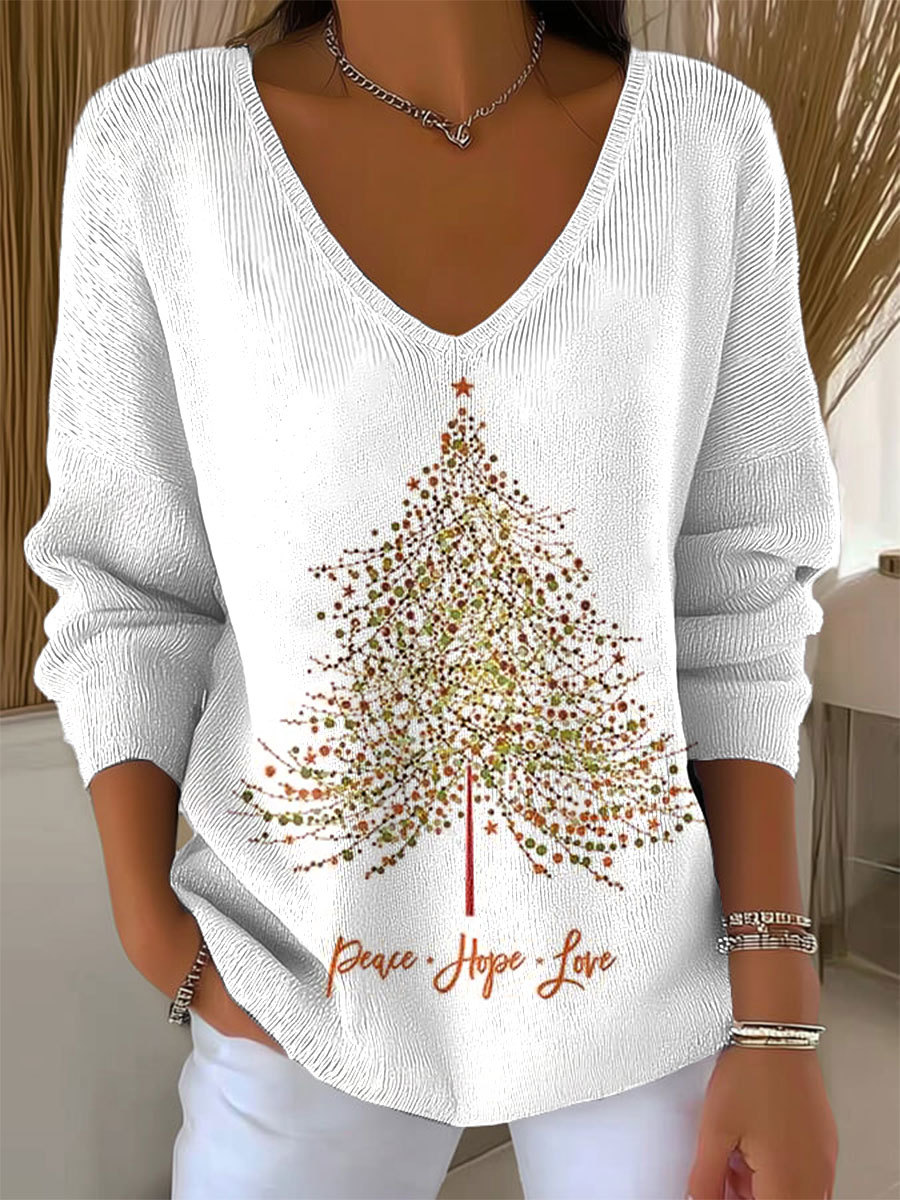 Women's Vintage Christmas Tree Art Print Casual Pullover Sweater