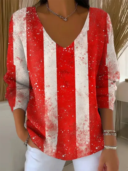 Women's Vintage Christmas Stripe  Art Print V-neck  Loose  Sweater