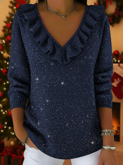 Christmas Elegant V-neck Ruffled Sparkly Sweater Top