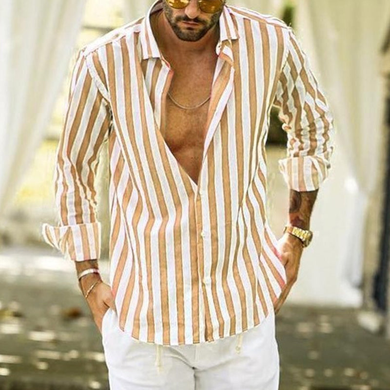 Men's Long Sleeve Striped Lapel Shirt 