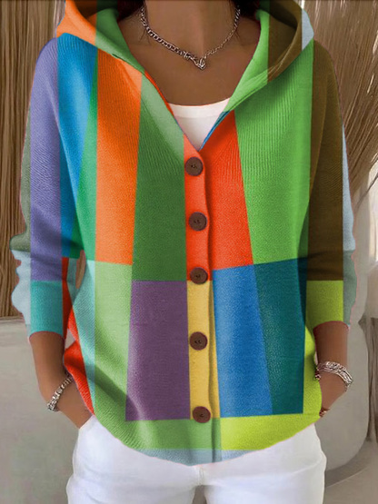 Women's Colorful Abstract Geometric Color Block Painting Art Print Casual Hooded Button Sweater