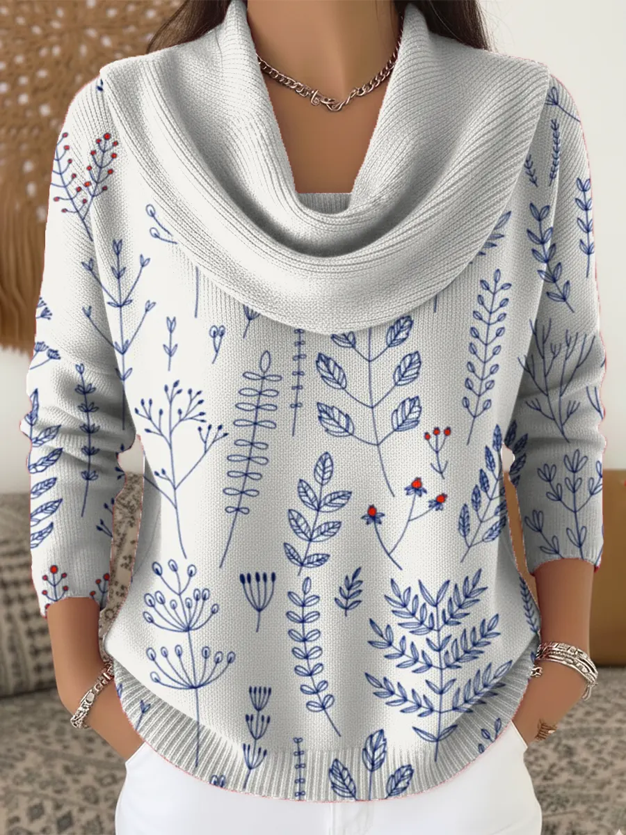 Women's Floral Art Print Cowl Neck Sweater