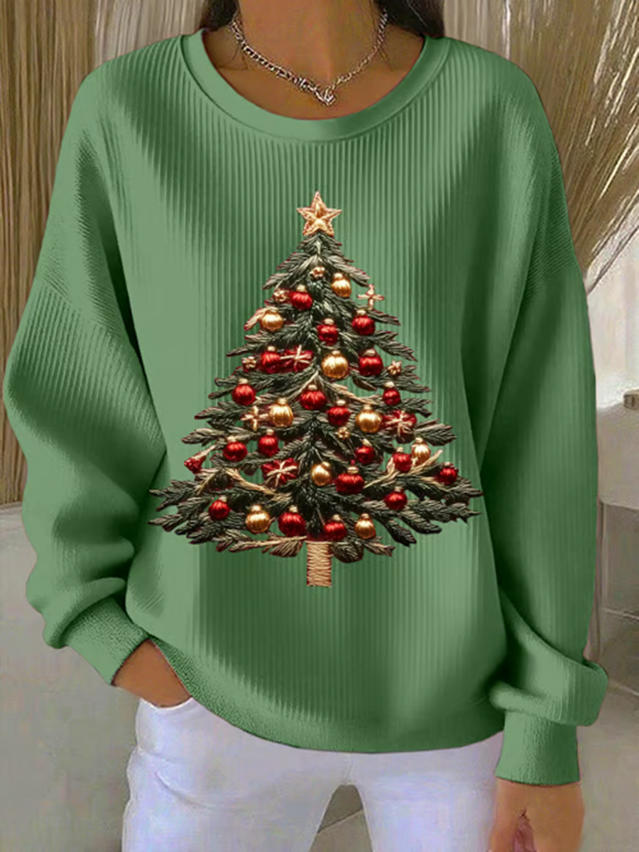 Women's Casual Crew Neck Christmas Tree Print Sweatshirt Top