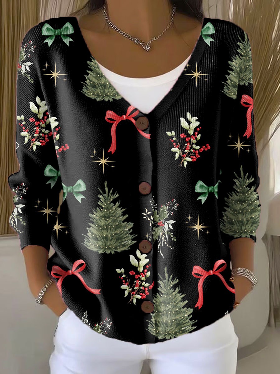 Vintage Christmas Art Print Buttoned Cardigan Sweater