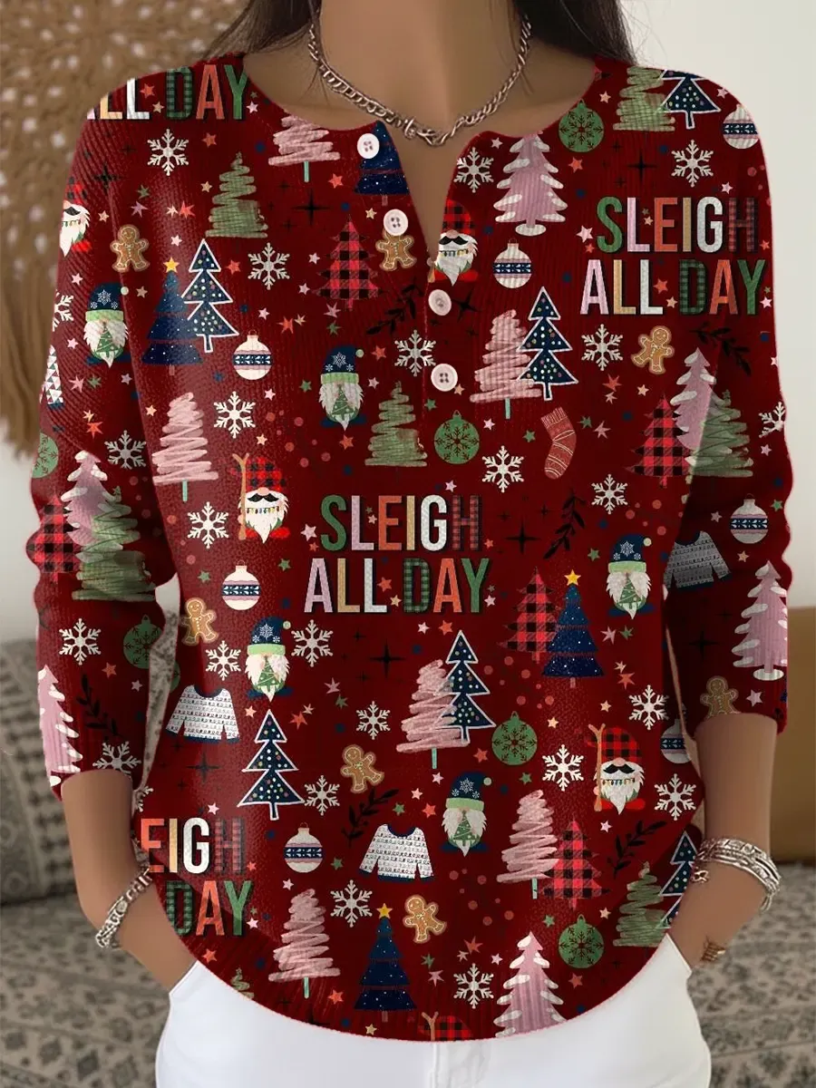 SLEIGH ALL DAY Merry Christmas Art Print Buttoned Cardigan Sweater