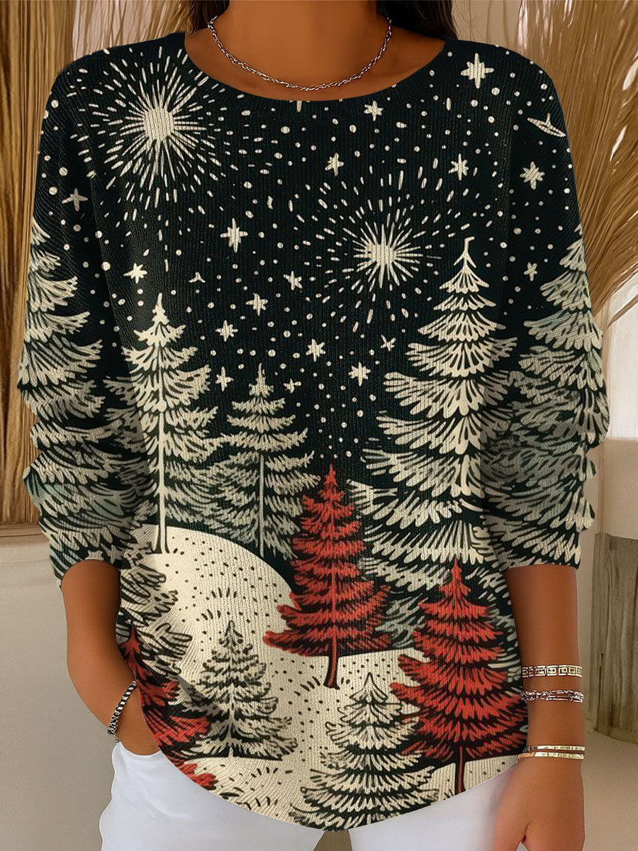 Women's Retro Style Christmas Tree Art Print Casual Pullover Sweater