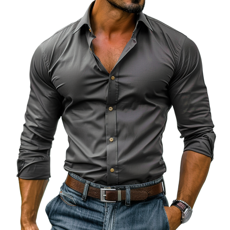 Men's Solid Color Lapel Long Sleeve Casual Shirt 