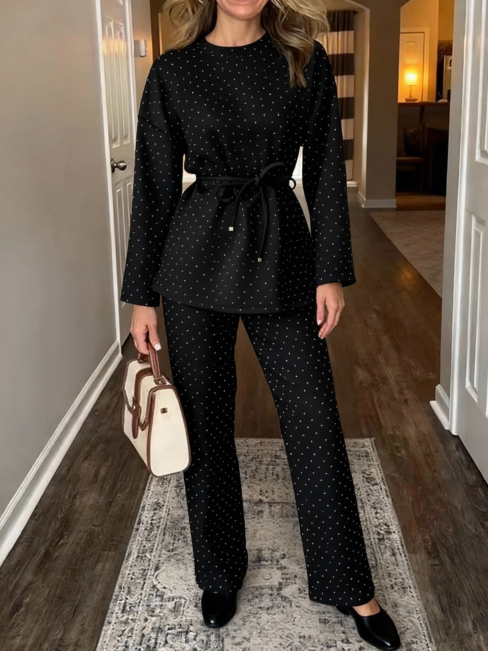 Women's fashionable casual polka dot print long sleeved two piece set