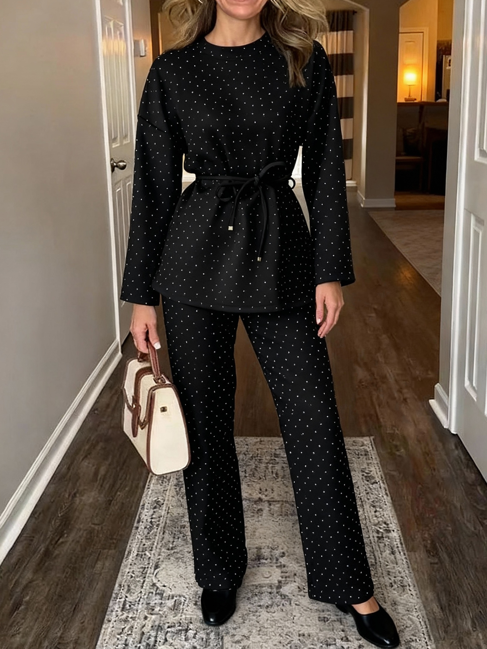 Women's fashionable casual polka dot print long sleeved two piece set