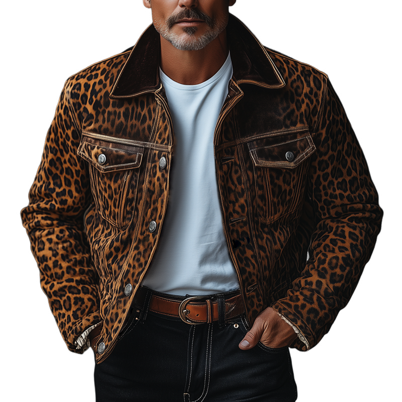 Men's Fashion Leopard Suede Lapel Chest Pocket Single Breasted Cargo Jacket 