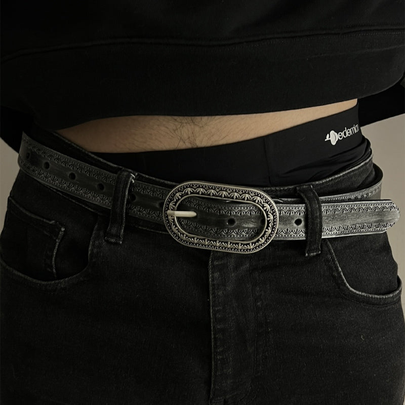 Men's Vintage Distressed Engraved Embossed Genuine Leather Belt