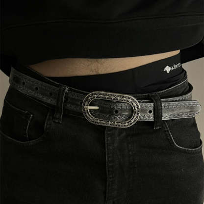 Men's Vintage Distressed Engraved Embossed Genuine Leather Belt
