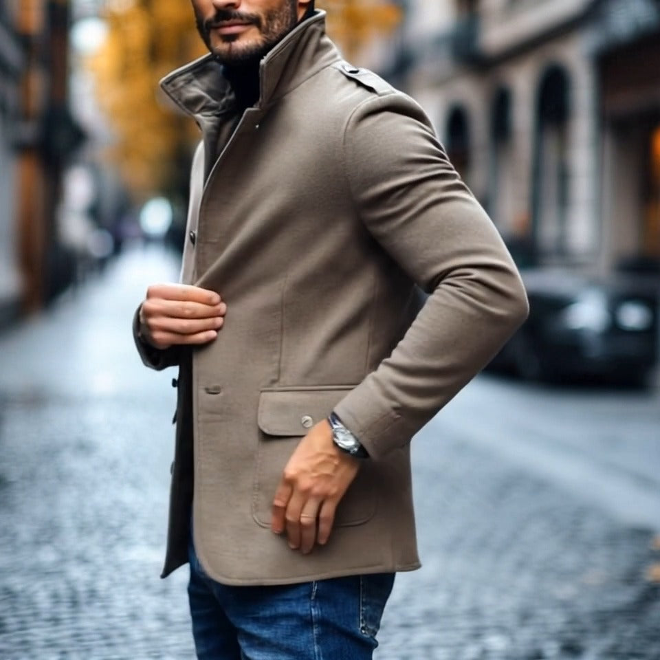 Men's Casual Wool Blend Lapel Single-breasted Slim Short Coat 