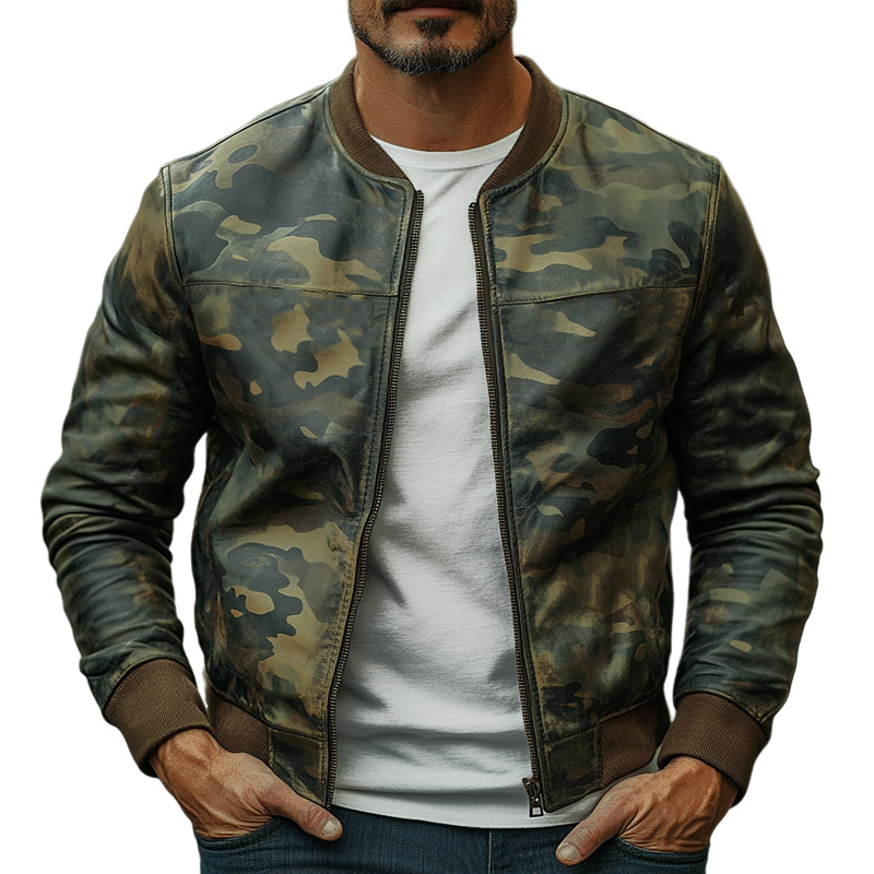 Men's Casual Camouflage Baseball Leather Jacket 