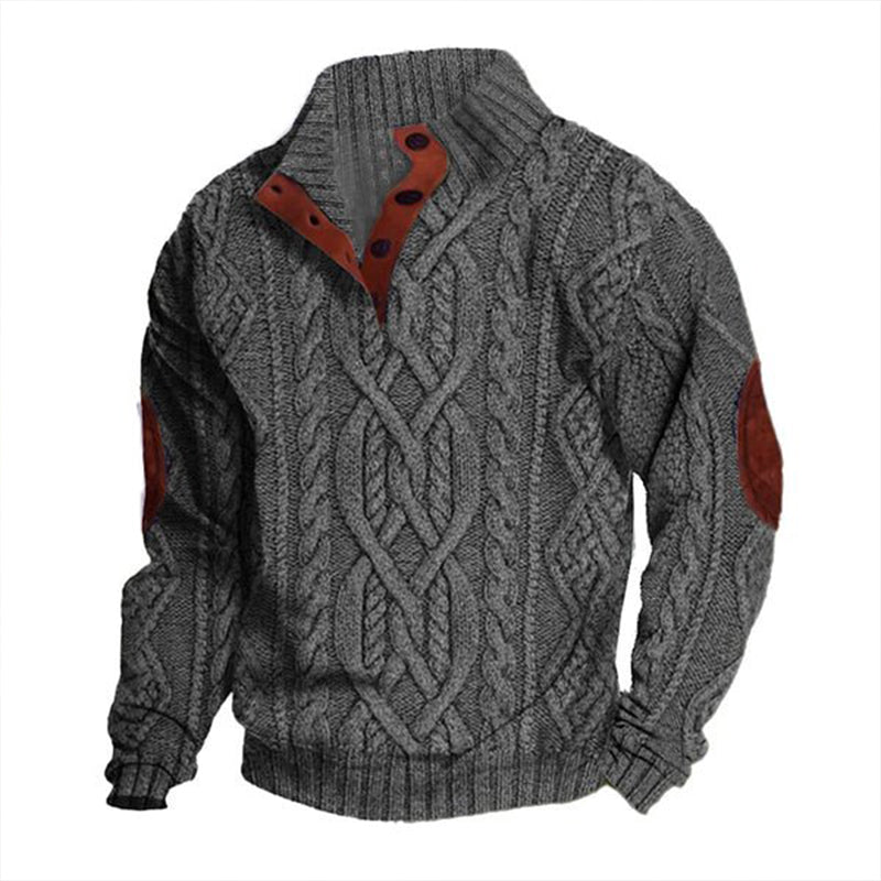 Men's Vintage Stand Collar Pullover Twisted Textured Knitted Sweater 
