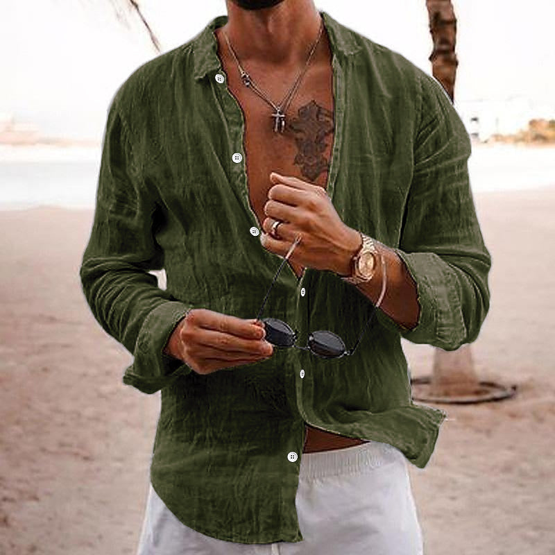 Men's Casual Solid Color Lapel Cotton Linen Long-Sleeved Shirt 