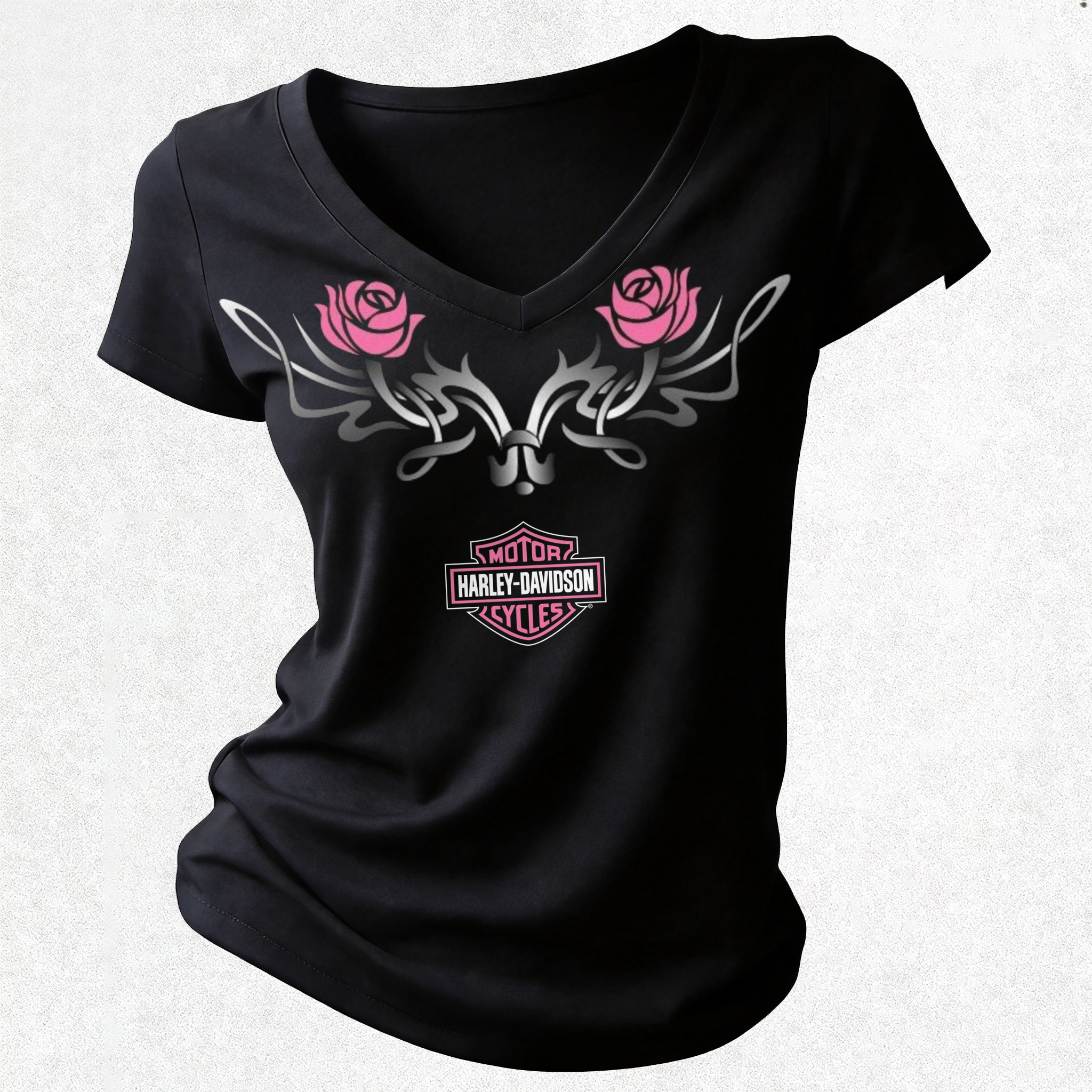  Motorcycles Printed Women's V-neck Pleated Waist Fitted T-shirt