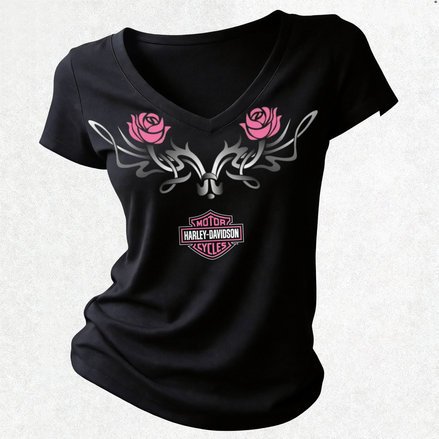  Motorcycles Printed Women's V-neck Pleated Waist Fitted T-shirt